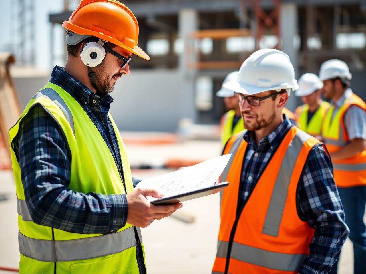 Site supervisor reviewing plans with construction crew