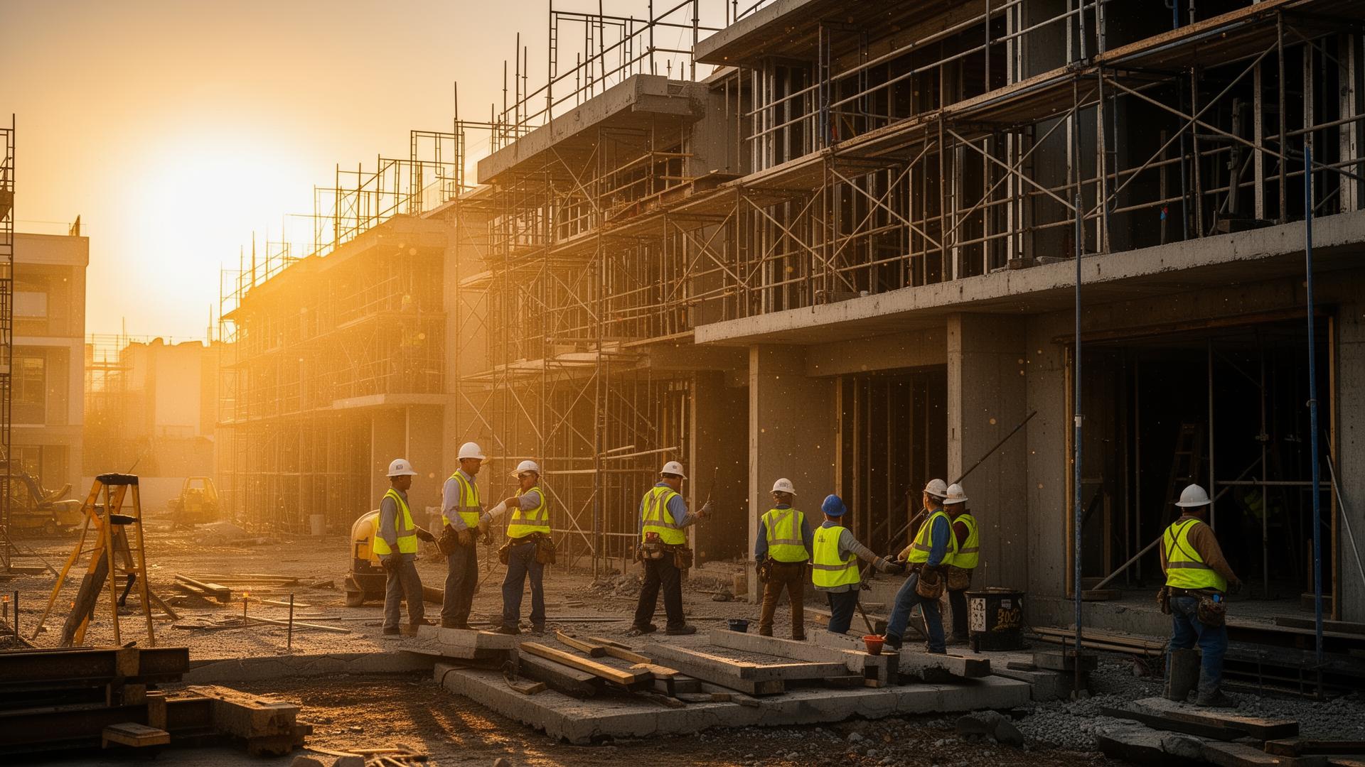 Avaz construction crew on a multifamily renovation site at golden hour
